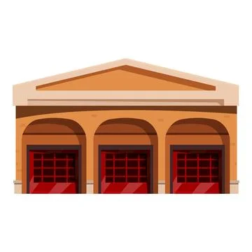 Fire station building with three red garage doors and arched entrances Ilustración de archivo