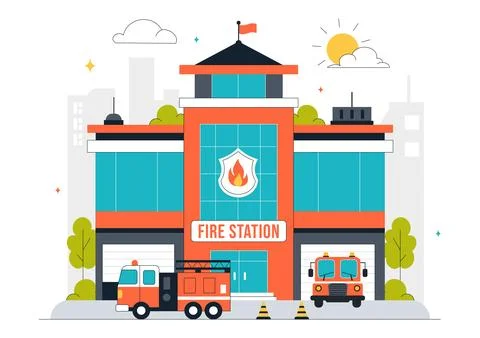 Fire Station Building Vector Illustration Featuring a Department and Fire E.. Ilustración de archivo