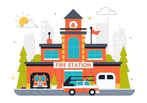 Fire Station Building Vector Illustration Featuring a Department and Fire E.. Stock Illustration