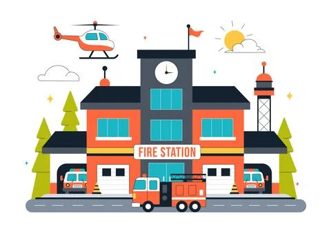 Fire Station Building Vector Illustration Featuring a Department and Fire E.. Stock Illustration