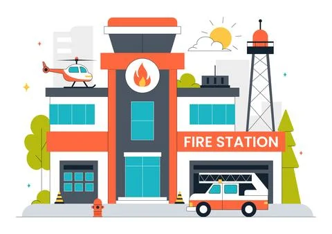 Fire Station Building Vector Illustration Featuring a Department and Fire E.. Stock Illustration