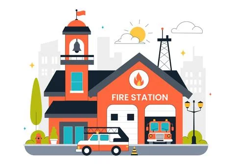 Fire Station Building Vector Illustration Featuring a Department and Fire E.. Stock Illustration