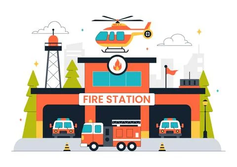 Fire Station Building Vector Illustration Featuring a Department and Fire E.. Stock Illustration