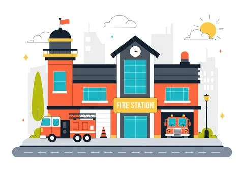 Fire Station Building Vector Illustration Featuring a Department and Fire E.. Stock Illustration