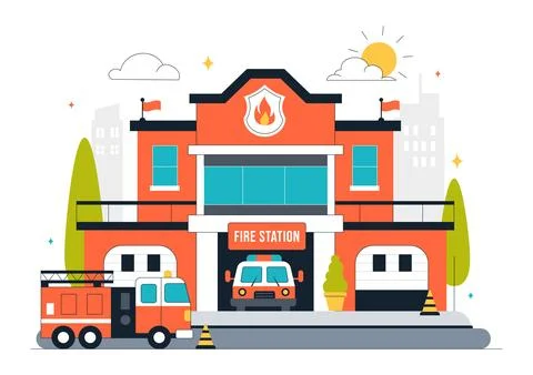 Fire Station Building Vector Illustration Featuring a Department and Fire E.. Stock Illustration