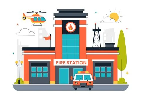 Fire Station Building Vector Illustration Featuring a Department and Fire E.. Stock Illustration