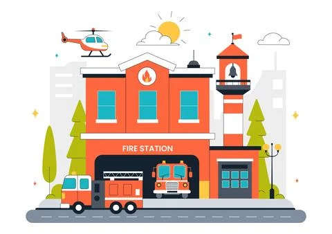 Fire Station Building Vector Illustration Featuring a Department and Fire E.. Stock Illustration