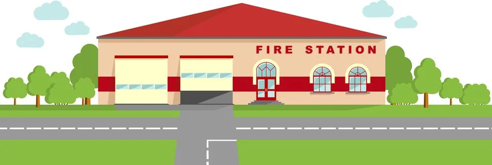 Fire station concept. Panoramic background with fire station building in flat Stock Illustration