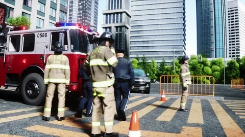 Fire station. A firefighter stands next to a fire engine. Stock Footage 333418673