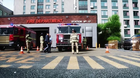 Fire station. A firefighter stands next to a fire engine. Stock Footage 333418678
