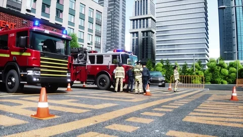 Fire station. A firefighter stands next to a fire engine. Stock Footage 333418682