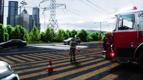 Fire station. A firefighter stands next to a fire engine. Stock Footage 333418686