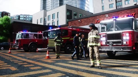 Fire station. A firefighter stands next to a fire engine. Stock Footage 333418689