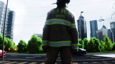 Fire station. A firefighter stands next to a fire engine. Stock Footage 333418695
