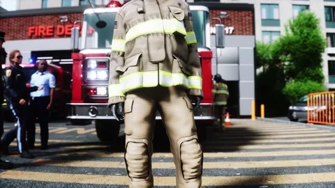 Fire station. A firefighter stands next to a fire engine. Stock Footage 333418703
