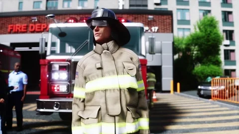 Fire station. A firefighter stands next to a fire engine. Stock Footage 333418707