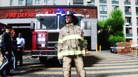 Fire station. A firefighter stands next to a fire engine. Stock Footage 333418709