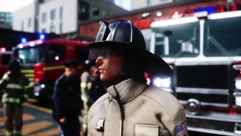 Fire station. A firefighter stands next to a fire engine. Stock Footage 333418716