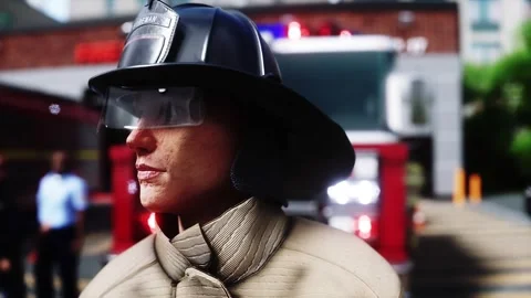 Fire station. A firefighter stands next to a fire engine. 動画素材 333418717