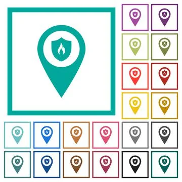 Fire station GPS map location flat color icons with quadrant frames Stock Illustration