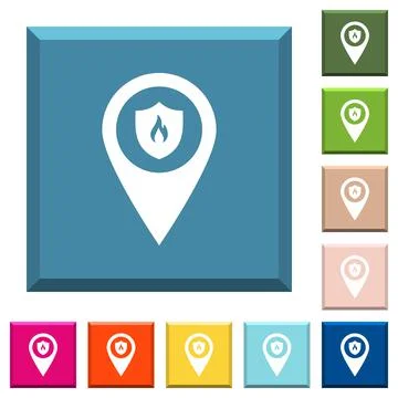 Fire station GPS map location white icons on edged square buttons Stock Illustration