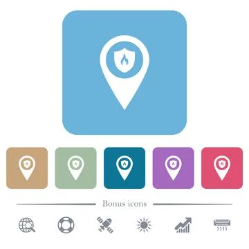 Fire station GPS map location flat icons on color rounded square backgrounds Stock Illustration