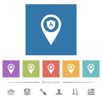 Fire station GPS map location flat white icons in square backgrounds Stock Illustration