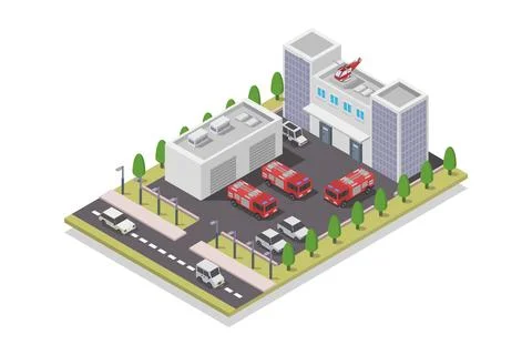 Fire station isometric illustrated on background Stock Illustration