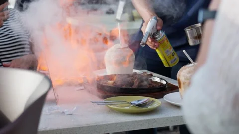 Fire on steak on restaurant Stock Footage 300690323