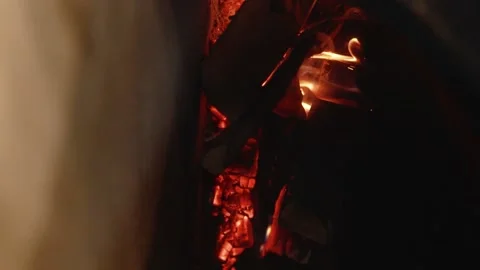 Fire in a stone oven. Slow motion. 120 fps. Vertical video Stock Footage 172440004