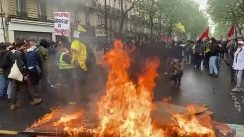 Fire in The Streets on May Day Protest in Paris, France Stock Footage 240217145