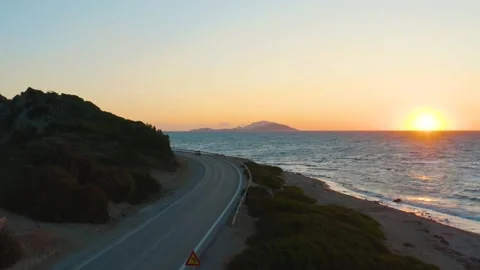 Fire Sunset Flight Coast Road Drone Aerial Stock Footage 154521581