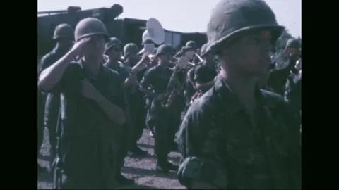 FIRE SUPPORT BASE DANGER - 1969: ARVN turnover ceremony — the furled US colours 库存影片 341698163