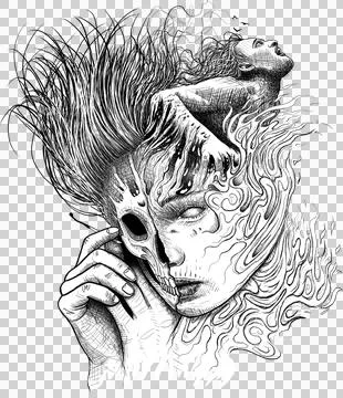 Fire themed hand drawn digital illustration. Darkness skull face Stock Illustration