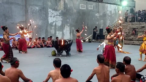 Fire Torch Kecak Dance Performance with Audience in Kuta Bali Stock Footage 328494661