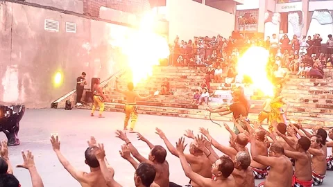 Fire Torch Kecak Dance Performance with Audience in Kuta Bali Stock Footage 328494780