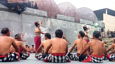 Fire Torch Kecak Dance Performance with Audience in Kuta Bali Stock Footage 328497207