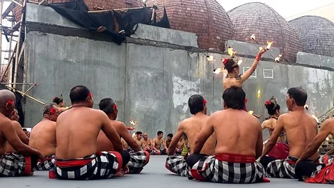 Fire Torch Kecak Dance Performance with Audience in Kuta Bali Stock Footage 328497943