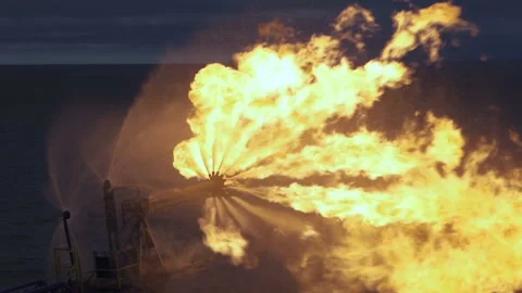 Fire. Torch on oil drilling platform. Big flame. Annealing of associated gas Stock Footage 180678985