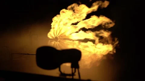 Fire. Torch on oil drilling platform. Speaker silhouette. Notification system Stock Footage 204800859