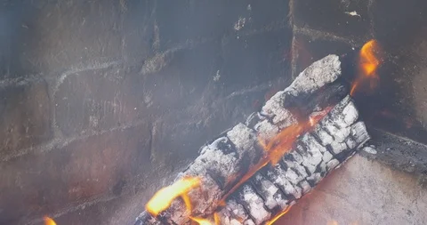 Fire tree trunk in front of stone wall Video stock 105885066