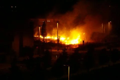 Fire in the trees and greenery of El Cañaveral area in Madrid Stock Photos