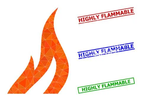 Fire Triangle Icon and Scratched Highly Flammable Simple Stamp Seals 스톡 일러스트