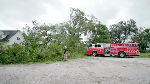 Fire truck drives up to fallen trees following Hurricane Irma Stock Footage 80340355