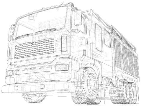 Fire truck. Fire Engine Vector illustration. Wire-frame line isolated. Vector Stock Illustration