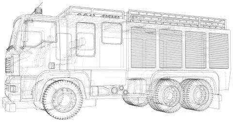 Fire truck. Fire Engine Vector illustration. Wire-frame line isolated. Vector Illustrazione stock