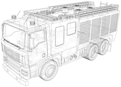 Fire truck. Fire Engine Vector illustration. Wire-frame line isolated. Vector Illustrazione stock