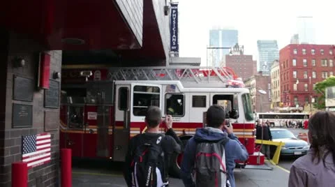 Fire truck pulling out of the station in New York City HD0817 Stock Footage 11260490
