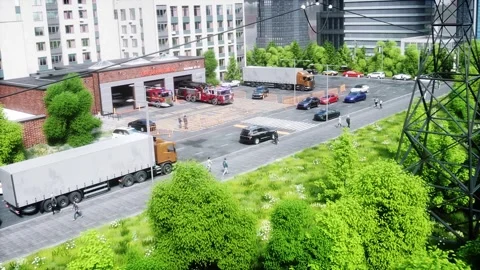 Fire truck quickly leaves for the call, garage door at fire department opens. Stock Footage 333418585