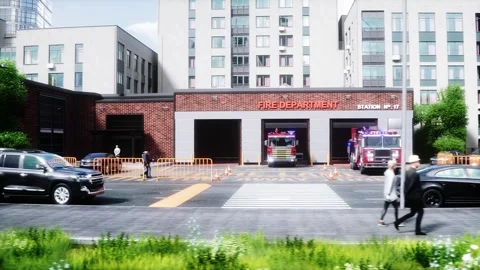 Fire truck quickly leaves for the call, garage door at fire department opens. 動画素材 333418601